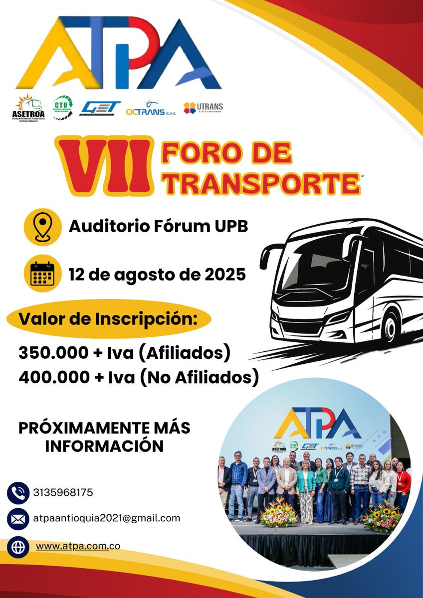 📢📢📢 Hola querido gremio transportador, desde la Asociación de Transportadores de Pasajeros ATPA 🚌nos complace invitarlos a nuestro VII FORO DE TRANSPORTE ATPA 2025.

forms.gle/iRu7dQXpSWczMf…