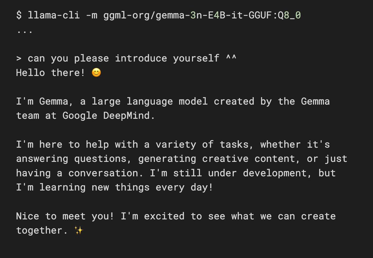 ngxson's tweet image. Gemma 3n has arrived in llama.cpp 👨🍳 🍰
Comes in 2 flavors: E2B and E4B (E means "effective/active parameters")