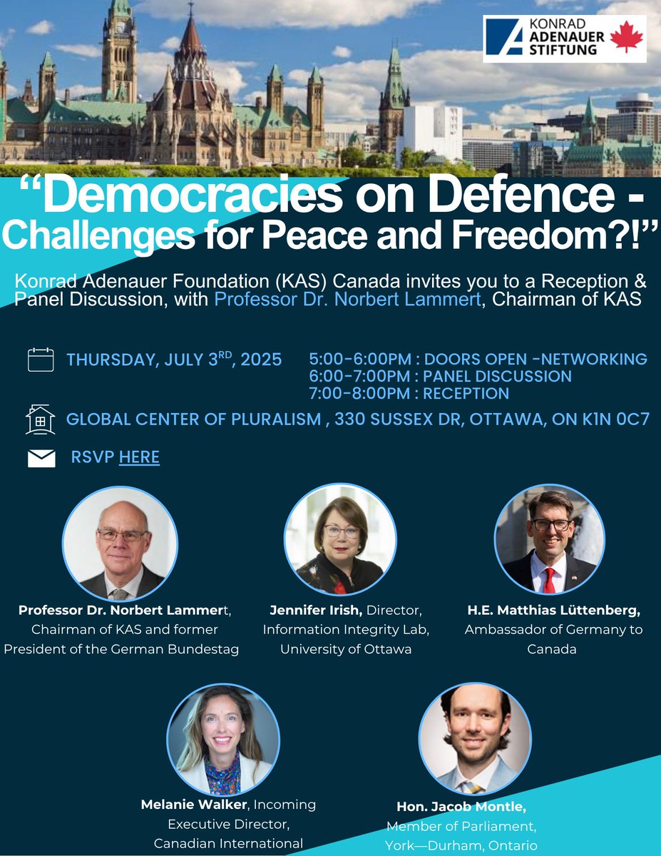 KAS_Canada's tweet image. 📅Join us July 3rd for a Panel Discussion on ‘Democracies on Defence’ in Ottawa with Professor Lammert! 🌐 RSVP: forms.office.com/e/KyTZwqG7D5