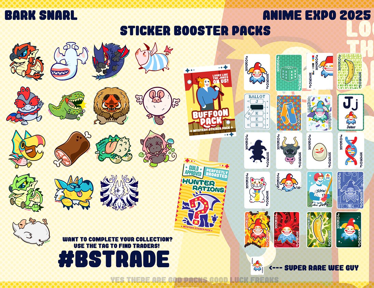 oni_hat's tweet photo. (2/5) SHINY BLIND STICKER BOOSTER PACKS... I've been working on this set for a while!  
each pack comes with random 4⃣ stickers from the set 
🤝wanna trade for your fav monster/joker? 
use the tag #BSTRADE to find homies to trade with!
#AnimeExpo2025 #animeexpoartistalley https://t.co/SyMICbBN4q