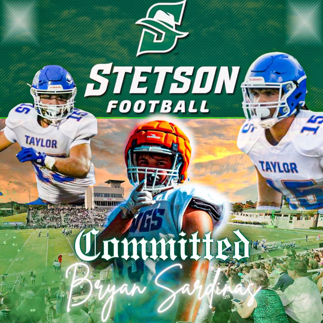 Bryan Sardinas (@bryansardinas23) on Twitter photo After talking to my family I’m proud to say I’m committing to Stetson !!#AGTG #gohatters <a href="/CoachKLBs/">Dustin Kincaid</a> <a href="/CoachB_Reynolds/">Brian Reynolds</a> <a href="/JarodDodson/">Jarod Dodson</a> <a href="/CoachMClark/">Matt Clark</a> <a href="/Coach_Denson863/">TJ Denson</a> @hermansmith <a href="/AtifAustin/">Coach Austin</a> <a href="/coachcgadapee/">Chace Gadapee</a> <a href="/CoachBraswell1/">Jesse Braswell</a> <a href="/TaycoBulldogs/">Taylor County Football</a> <a href="/CoachComstockTC/">Zack Comstock</a> <a href="/PrepRedzoneFL/">Prep Redzone Florida</a> <a href="/JaquanWalker20/">Jaquan D Walker</a> After talking to my family I’m proud to say I’m committing to Stetson !!#AGTG #gohatters <a href="/CoachKLBs/">Dustin Kincaid</a> <a href="/CoachB_Reynolds/">Brian Reynolds</a> <a href="/JarodDodson/">Jarod Dodson</a> <a href="/CoachMClark/">Matt Clark</a> <a href="/Coach_Denson863/">TJ Denson</a> @hermansmith <a href="/AtifAustin/">Coach Austin</a> <a href="/coachcgadapee/">Chace Gadapee</a> <a href="/CoachBraswell1/">Jesse Braswell</a> <a href="/TaycoBulldogs/">Taylor County Football</a> <a href="/CoachComstockTC/">Zack Comstock</a> <a href="/PrepRedzoneFL/">Prep Redzone Florida</a> <a href="/JaquanWalker20/">Jaquan D Walker</a>