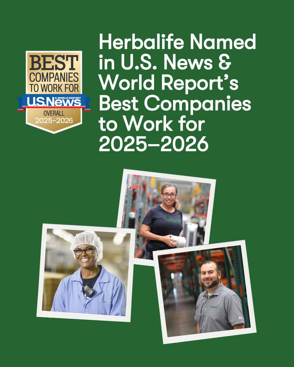 Herbalife's tweet image. Herbalife is proud to be included in U.S. News & World Reports 2025-2026 Best Companies to Work For! This honor reflects our commitment to empowering others to reach their full potential. Thanks to our team for leading with integrity, passion, & purpose! bit.ly/4emdRLZ