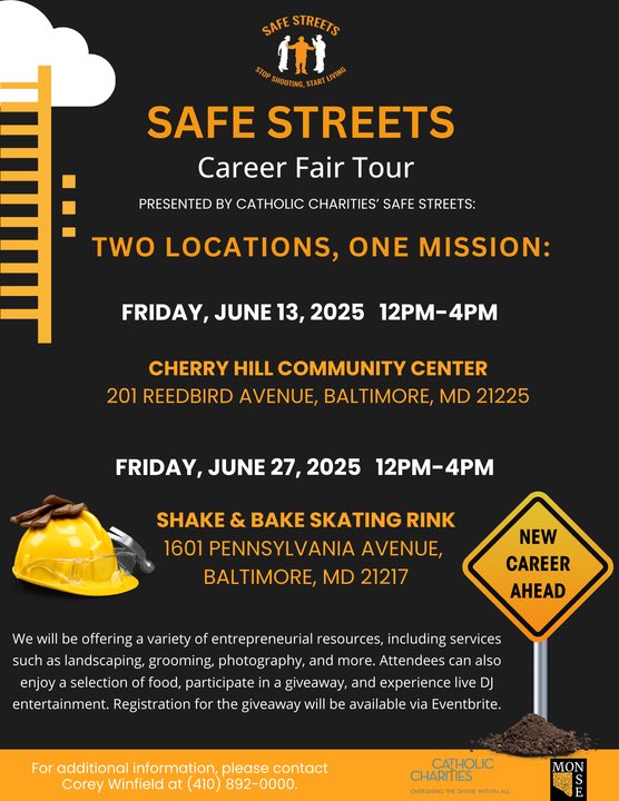 Baltimore MONSE - Neighborhood Safety & Engagement (@baltimoremonse) on Twitter photo Hey Baltimore! @SafeStreetsBaltimore is hosting a Community Resource & Career Fair tomorrow at Shake & Bake (1601 Pennsylvania Ave) from 12–4PM.
Come out for job resources, food, music, and giveaways! #SafeStreets #BaltimoreJobs #CareerFair Hey Baltimore! @SafeStreetsBaltimore is hosting a Community Resource & Career Fair tomorrow at Shake & Bake (1601 Pennsylvania Ave) from 12–4PM.
Come out for job resources, food, music, and giveaways! #SafeStreets #BaltimoreJobs #CareerFair