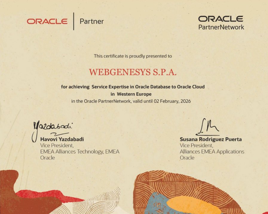 𝗪𝗲𝗯𝗴𝗲𝗻𝗲𝘀𝘆𝘀 𝗲̀ 𝗣𝗮𝗿𝘁𝗻𝗲𝗿 𝘂𝗳𝗳𝗶𝗰𝗶𝗮𝗹𝗲 <a href="/OracleCloud/">Oracle Cloud</a>: 𝗼𝘁𝘁𝗲𝗻𝘂𝘁𝗲 𝗱𝘂𝗲 𝗻𝘂𝗼𝘃𝗲 𝗘𝘅𝗽𝗲𝗿𝘁𝗶𝘀𝗲!

Nell'ambito del programma #Cloud Service, abbiamo ottenuto due expertise ufficiali <a href="/Oracle/">Oracle</a>.

Scopri di più: webgenesys.it/nuove-expertis…