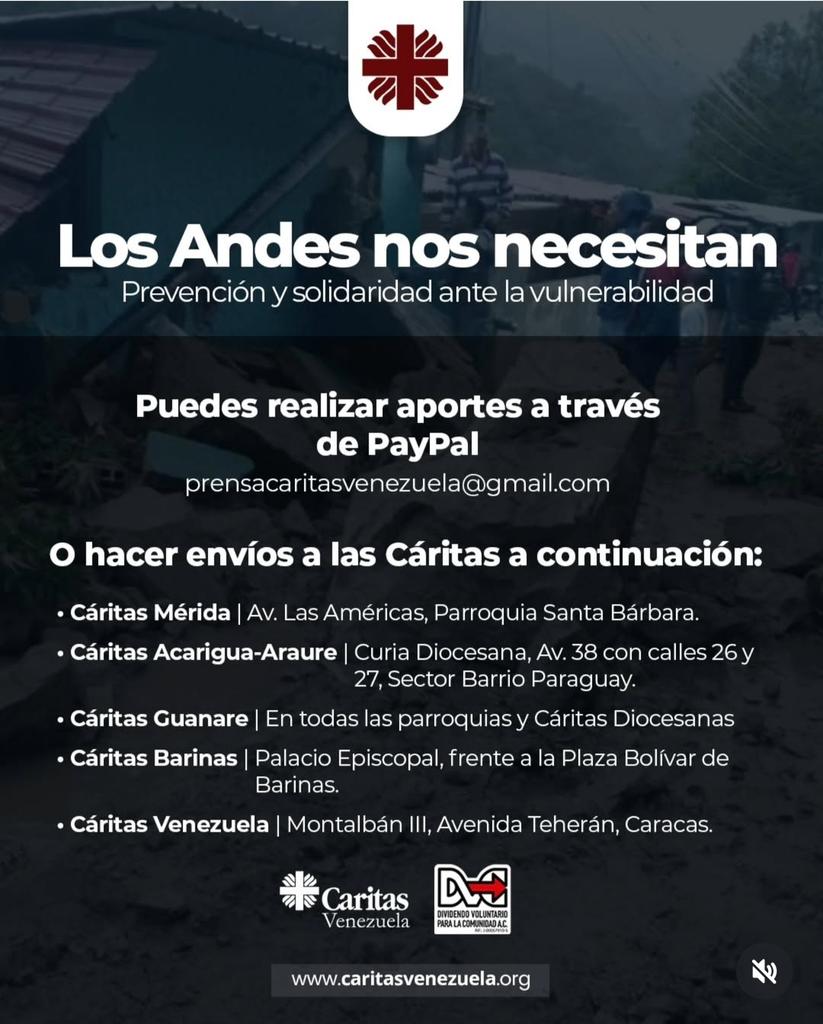 🚨 En estos momentos tan duros para muchas familias de los Andes venezolanos, nos unimos a organizaciones como <a href="/caritasdevzla/">Cáritas Venezuela</a> y nos solidarizamos con los más afectados por el aumento de las lluvias de los últimos días y las consecuencias que esto ha dejado.

Cada aporte vale la