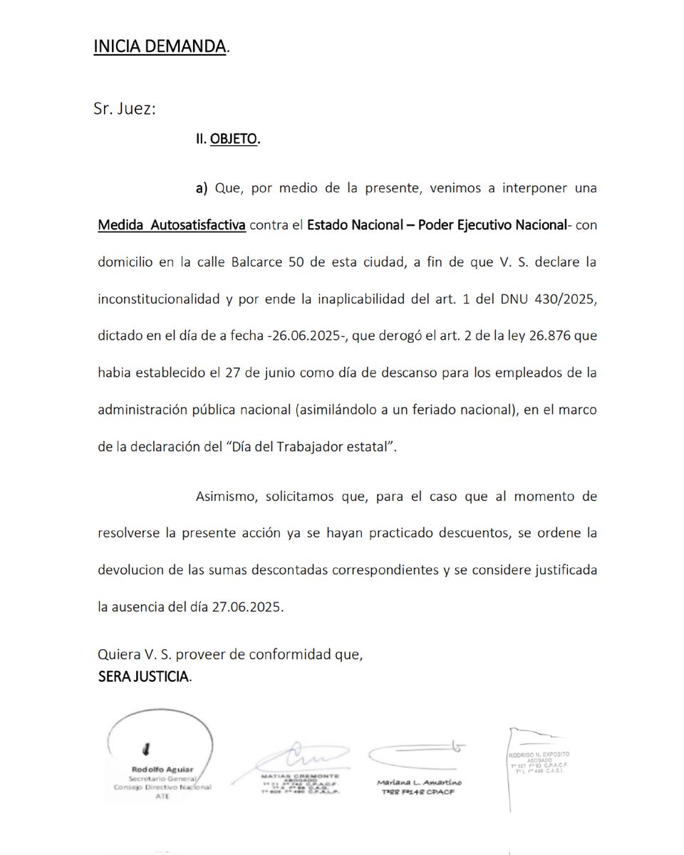 AHORA!!
DENUNCIAMOS ANTE LA JUSTICIA LA INCONSTITUCIONALIDAD DEL DECRETO 430/25!!

NO VAN A ELIMINAR NUESTRO DÍA!!

Un DNU no puede anular nuestro día  24 horas antes del feriado. Es inconstitucional, no hay necesidad ni urgencia para decidir esto, y el Congreso sigue