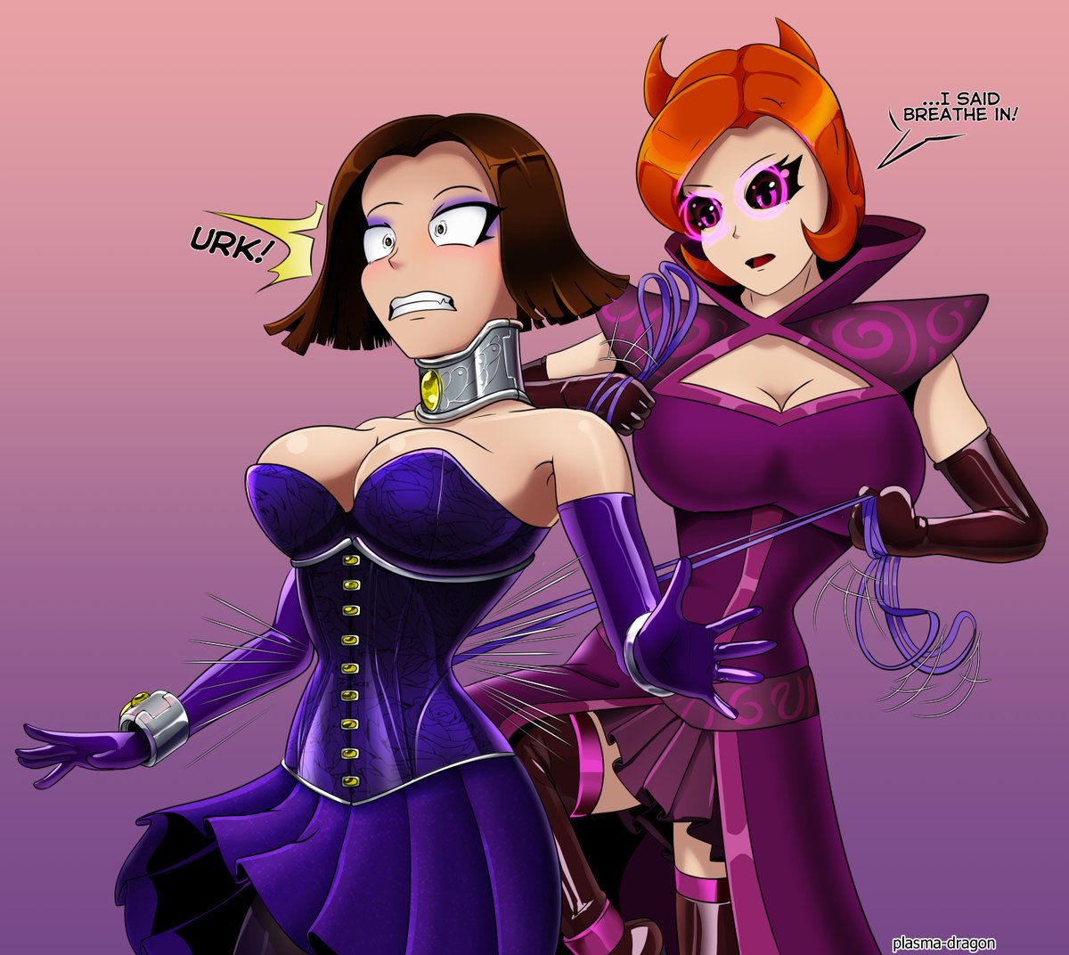 Selladore showing Miranda how to wear a corset properly. A drawing that insisted on happening.