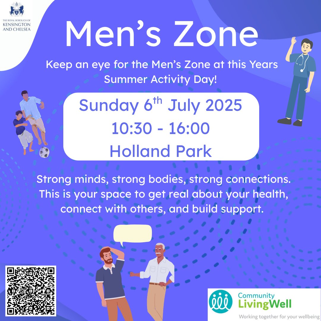 Join us at RBKC’s Summer Activity Day! 🌞 Community Living Well Talking Therapies will be in the Men’s Zone.

📅 Sunday 6 July 2025 | ⏰ 10:30–16:00 | 📍 Holland Park
Come connect &amp; support mental health! #RBKC #MensZone #MentalHealth