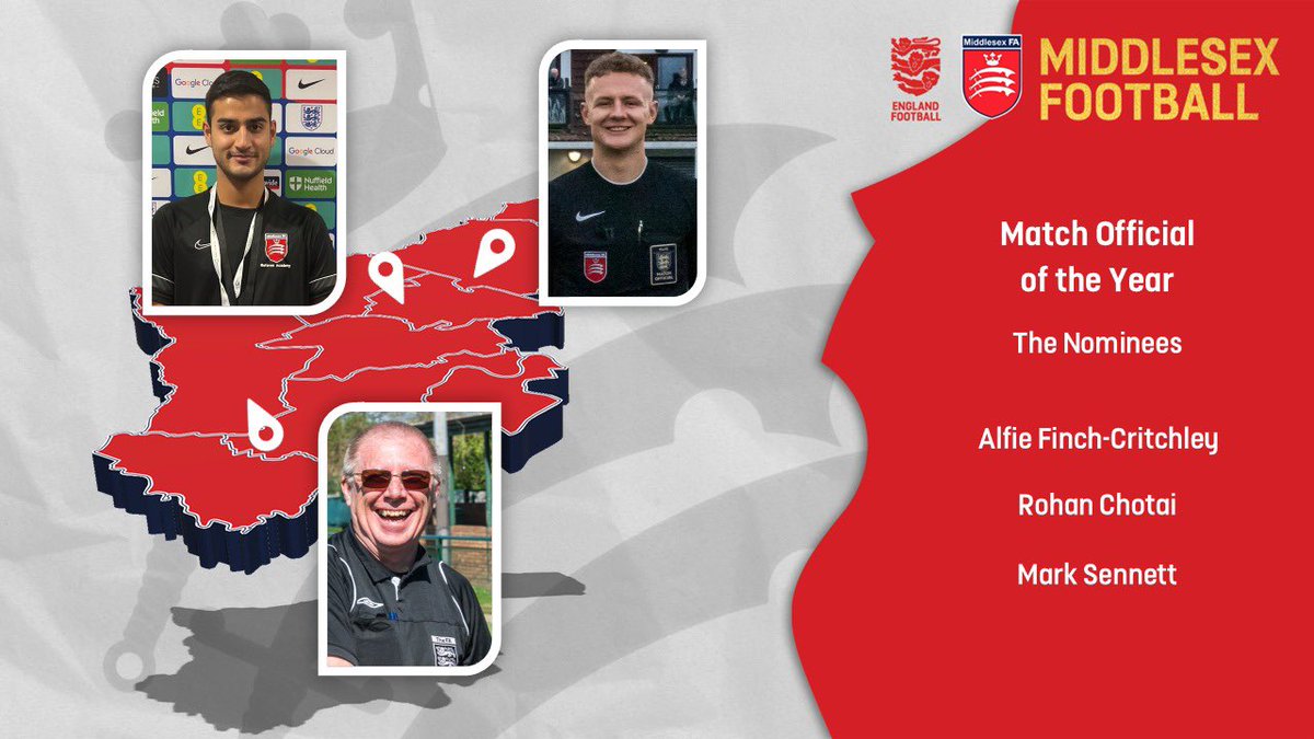 middxreferees's tweet image. Tonight we’re recognising three match officials that have been nominated Match Official of the Year!
Alfie Finch-Critchley, Rohan Chotai and Mark Sennett
Our winner will be announced shortly!