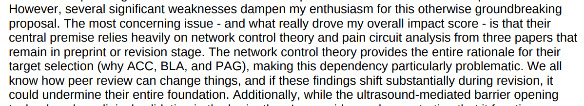 FlyBottleEscape's tweet image. 🤮 more garbage takes in grant reviews .. we got a 5 and ultimately ND bc we have papers on bioRxiv that were to support the 20+ references for ACC/PAG/BLA roles in pain