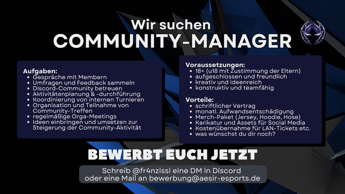 Deine Leidenschaften sind Turniere &amp; Community-Vibes?
Dann bist du vielleicht unsere neuer Community-Manager 💬✨

Slide in die DMs von @fr4nzissi
oder schreib an bewerbung@aesir-esports.de
#aesirfamily #rocketleague #sponsored <a href="/Pure_4u/">PURE4U</a> <a href="/bequietofficial/">be quiet!</a> <a href="/sonixapp/">SONIX</a>