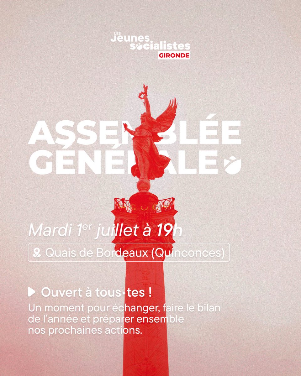 ‼️Réservez votre 1er juillet !
On se retrouve sur les quais de Bordeaux à 19h pour notre dernière AG avant septembre ! 
On vous attend nombreux 🌹😄