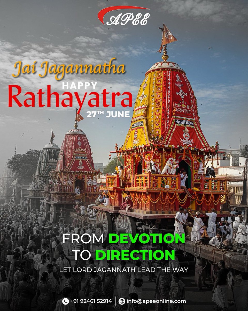 media_apee's tweet photo. Let the divine wheels of Rath Yatra steer us toward purpose, progress, and peace.
From devotion to direction — APEE moves with faith.

#RathYatra2025 #JaiJagannath #APEEInfratech #DevotionToDirection #JagannathRathYatra #DivineJourney #FaithAndProgress https://t.co/t13CF5Za8e