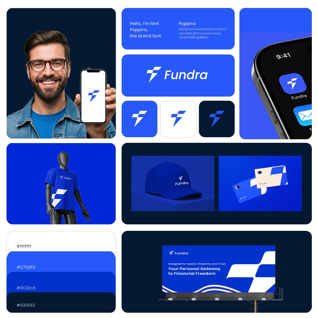 isaac_fadele's tweet photo. Designed this bento grid brand presentation for Fundra with insane attention to detail, from the lightning mark to the billboard. Branding isn’t just visuals, it’s strategy, clarity &amp; trust.

 Need something bold for your brand? Let’s work.
#BrandDesign #BentoGrid #めおと日和 https://t.co/thVh7Tp9Vs