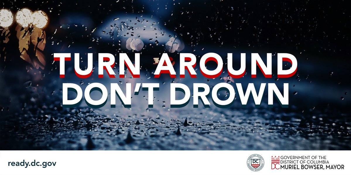 Heads up DC! NWS issued a Flood Watch for this evening. If you encounter any flooded roads, remember to turn around, don't drown! 🌧️ #ReadyDC