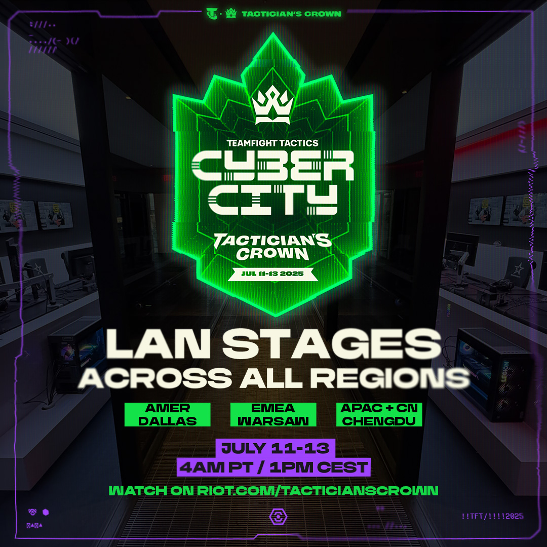 Every region. Every decision. Every moment.

For the first time ever, #TFTCrown goes global with LAN competition events taking place July 11-13!

Qualified players will have the opportunity to compete live and in person from Dallas, Warsaw, and Chengdu.