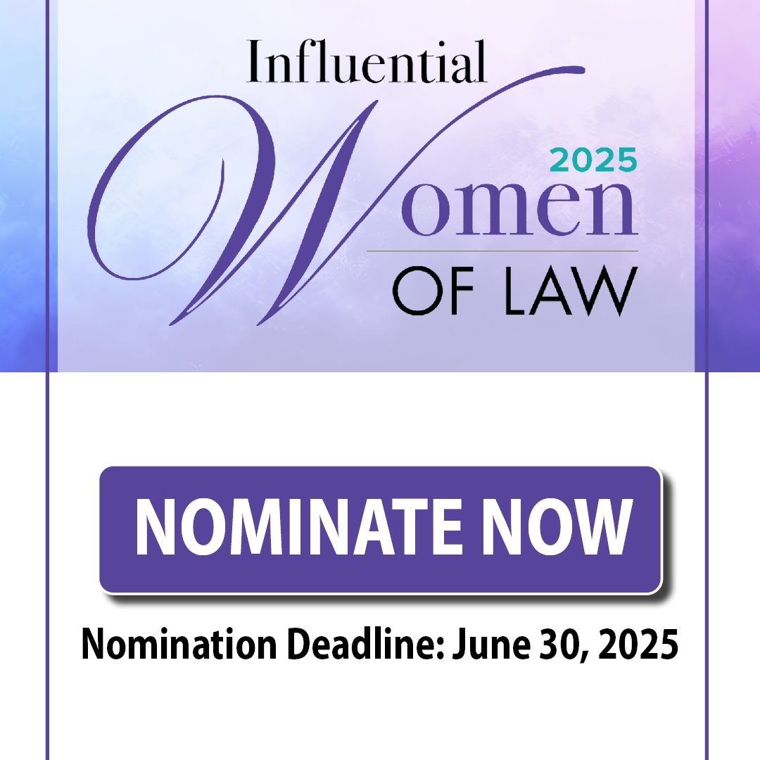 🏆 Nomination deadline Monday for our Influential Women of Law awards! 🏆

This program honors women attorneys and judges for their work on behalf of their clients and the justice system, and for their commitment to their communities.

Applications: bit.ly/43pxnlM