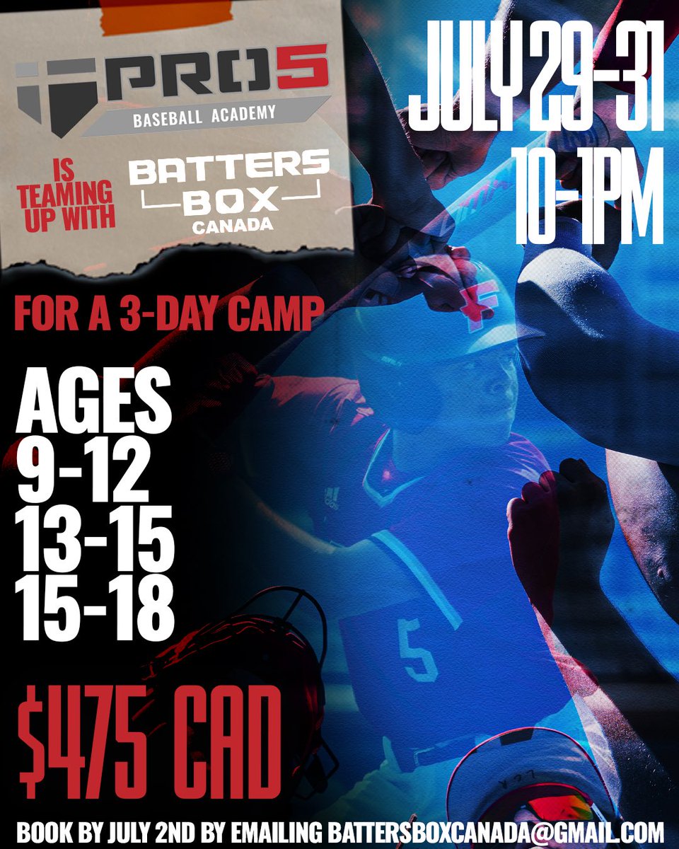 PRO5 Academy (@pro5baseball) on Twitter photo PRO5 Baseball is excited to be partnering with Batter’s Box Canada to host a 3-day camp!
Email Battersboxcanada@gmail.com by July 2nd to book!
#PRO5 | #PRO5Baseball PRO5 Baseball is excited to be partnering with Batter’s Box Canada to host a 3-day camp!
Email Battersboxcanada@gmail.com by July 2nd to book!
#PRO5 | #PRO5Baseball