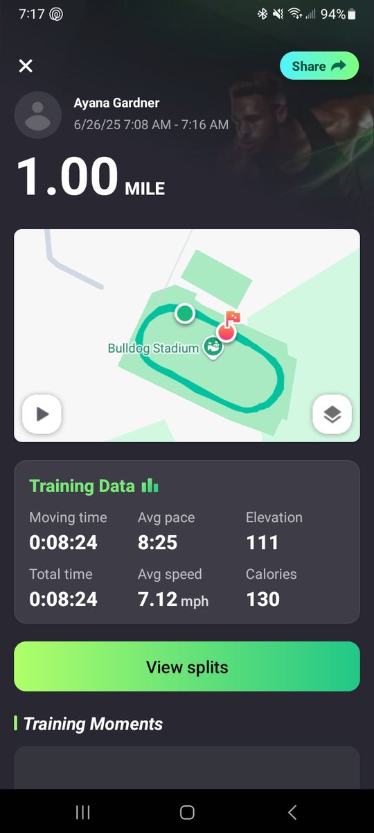 8 min 24 sec Mile time, Im getting faster!!!! LETS GO!!! Goal- 7min 45sec