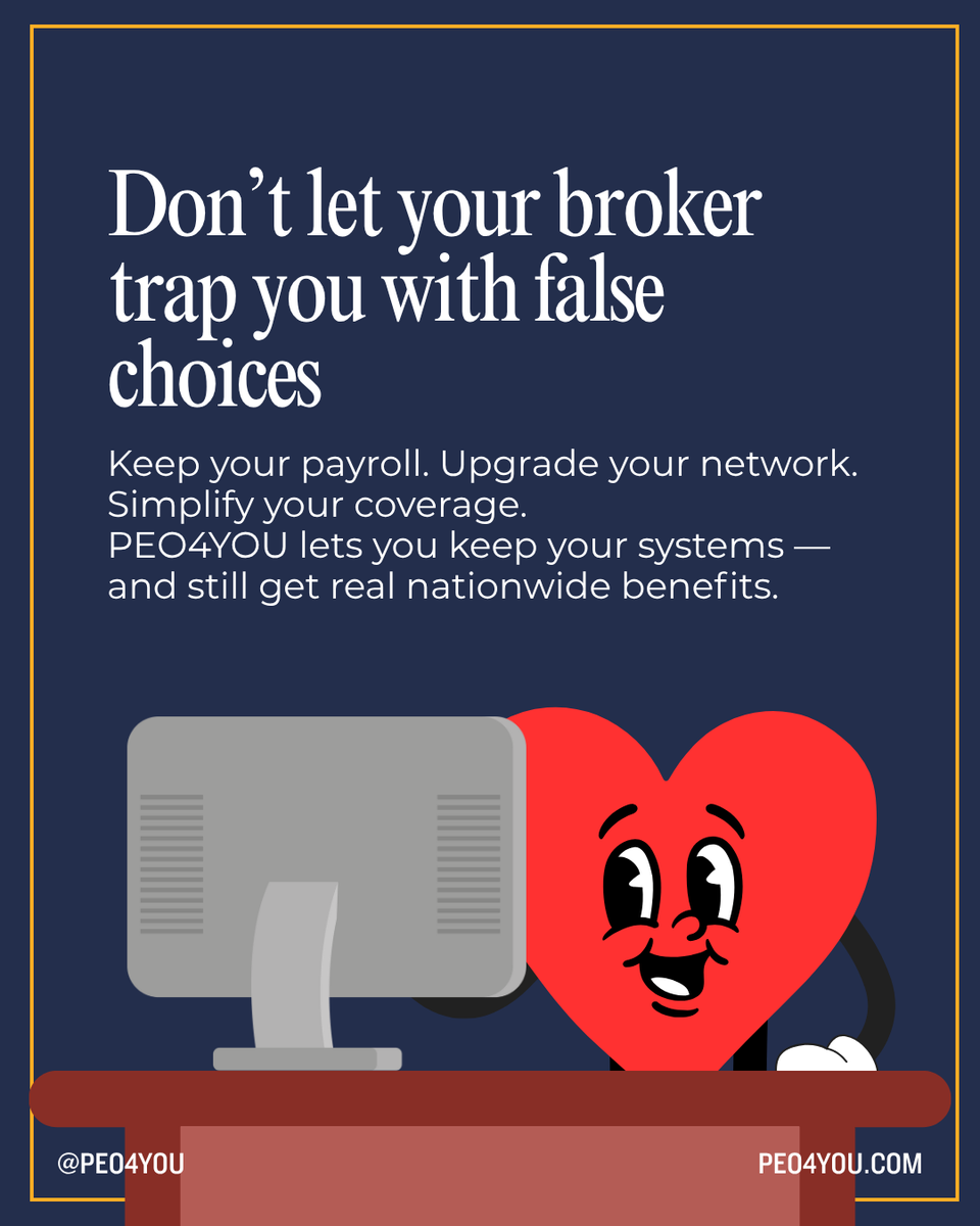 PEO4YOU's tweet photo. 💼 Tired of being told you have to switch payroll to get real coverage?
Most traditional PEOs make it complicated.
But PEO4YOU makes it simple.
You get full access to the Blue Cross PPO network — without touching your payroll, switching systems, or disrupting HR. https://t.co/tLcRqfxzNd