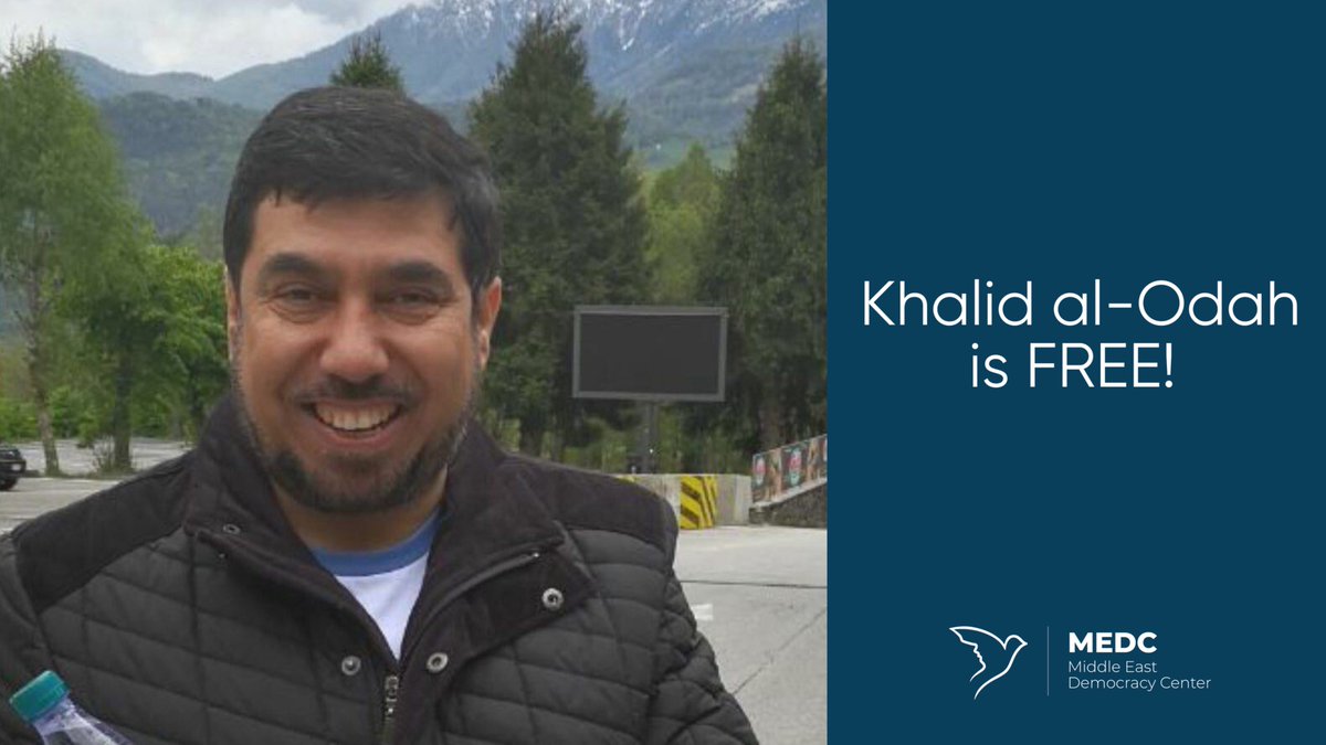 BREAKING: Khalid al-Odah is FREE!🕊️

Khalid, the brother of imprisoned Saudi scholar Salman al-Odah, spent nearly 8⃣ years in prison in #SaudiArabia simply for tweeting about the arrest of his brother.

It's time for Saudi authorities to free ALL political prisoners. #FreeThemNOW