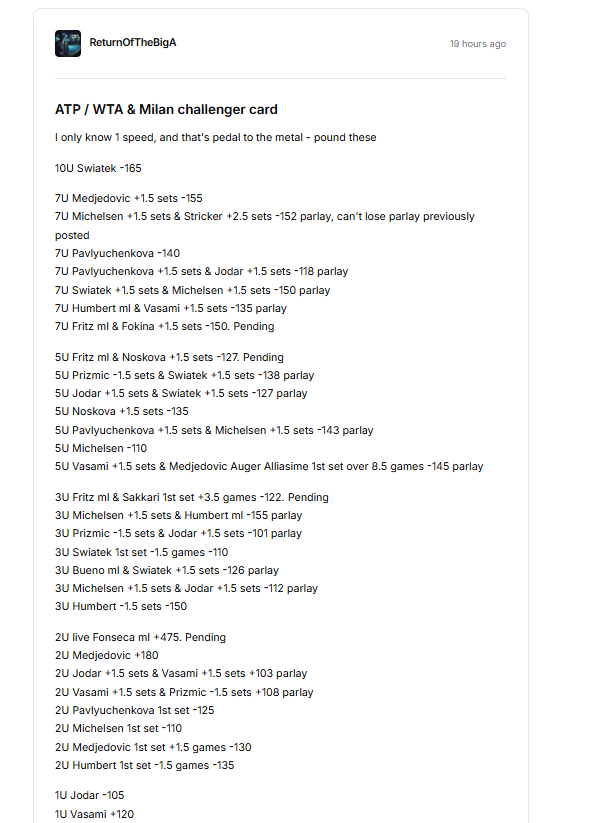 ReturnOfTheBigA's tweet image. Etch my name in history one more time!!!! There's not a man alive who can do what I do 🎾
29-3 +88.5U card (see attached) 💰💰💰💰
There's nothing else to say at this point, clicking this link is an IMMEDIATE upgrade to your life and financial situation
It's time to become…