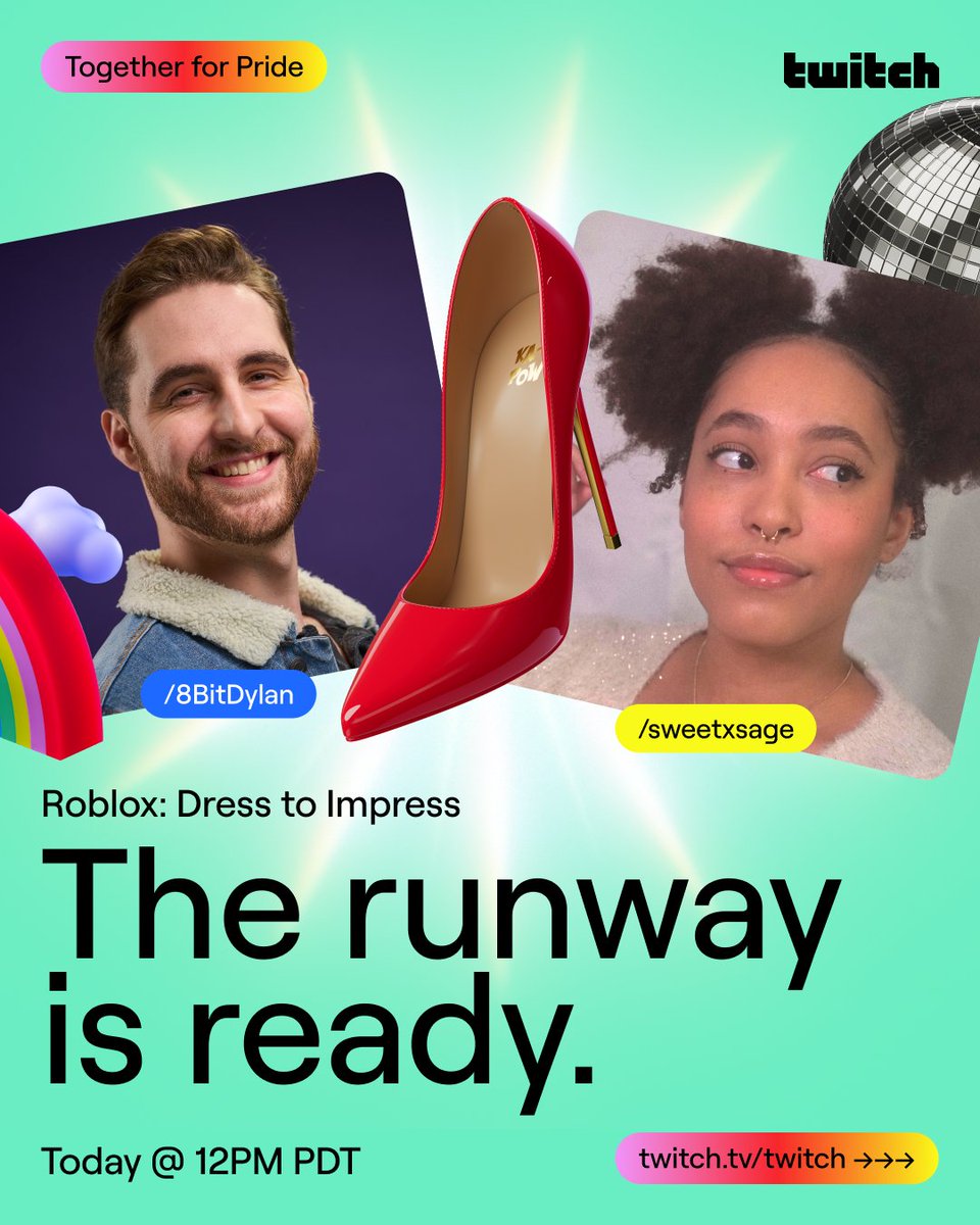 Twitch's tweet image. The runway’s ready. Tune in as 5 Pride Guild creators drop custom Roblox looks in a one-of-a-kind showdown, hosted by @8BitDylan and @sweetxsage. 🌈