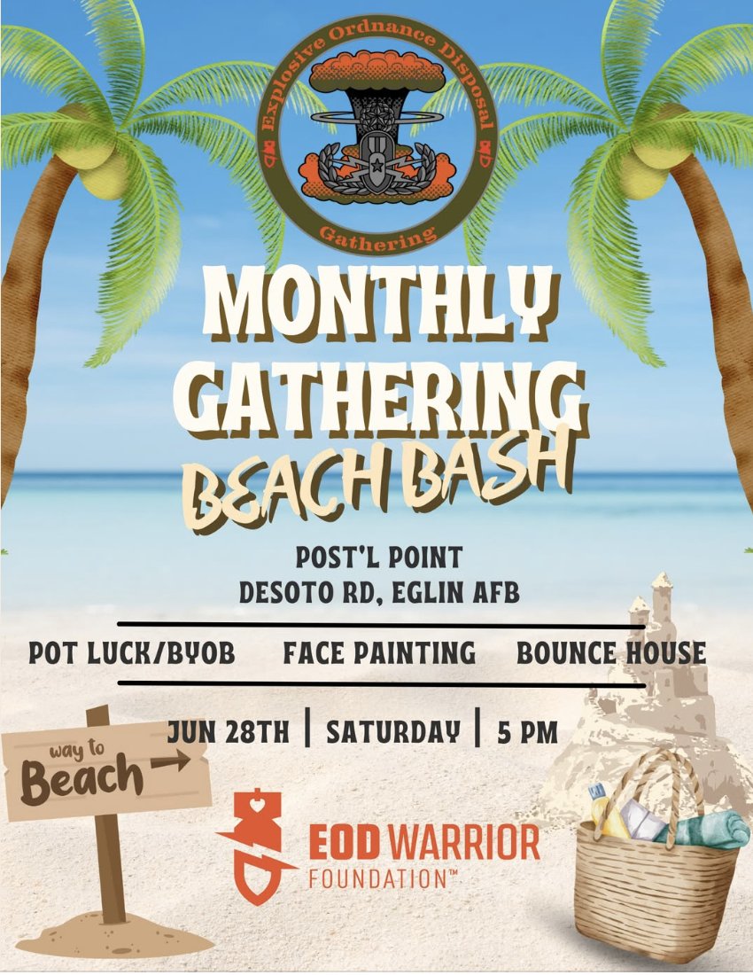 Niceville &amp; surrounding families – You're Invited! 

Join us for the Annual EOD Warrior Foundation Beach Bash this Saturday, June 28th at 5 PM at Post’l Point on Eglin AFB!

We can't wait to see you there! 💙

Access to Eglin AFB required.