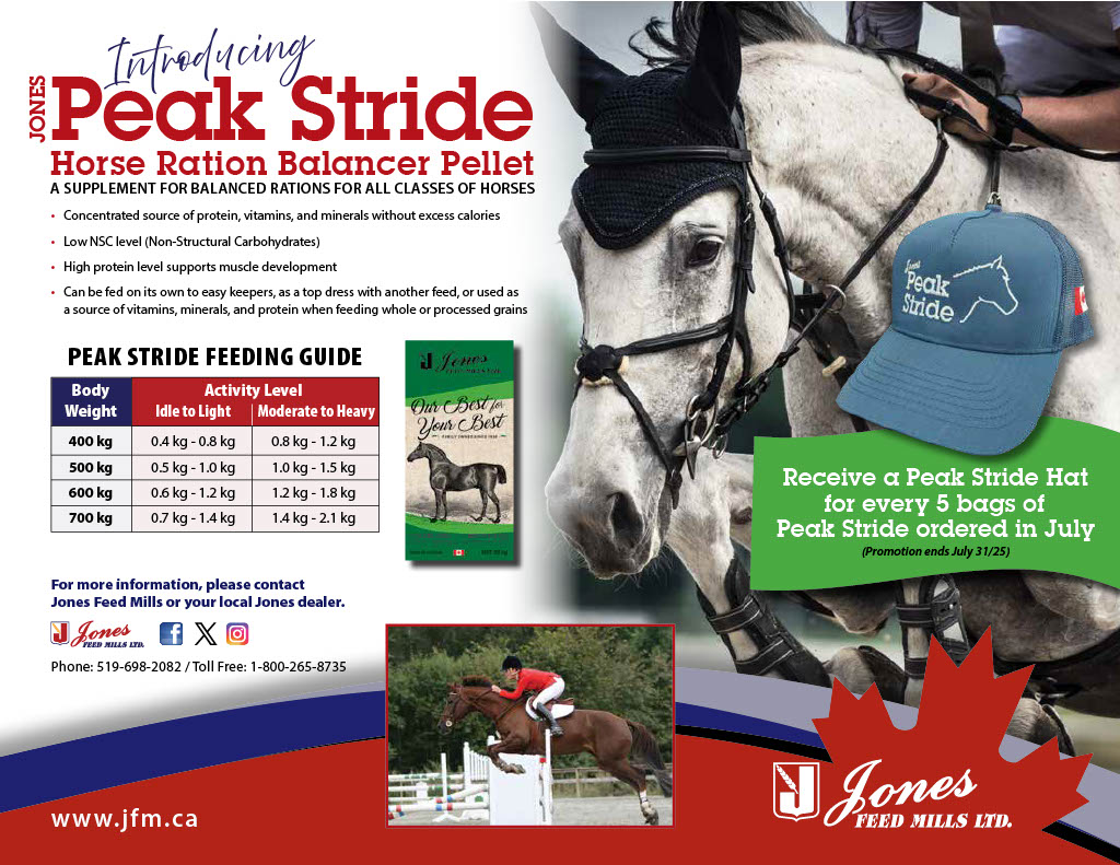 🎉 Jones Peak Stride Promo

With the exciting launch of JFM’s new horse ration balancer pellet, Peak Stride, we’re kicking off a special July promo!

Order 5 bags of Peak Stride in July and receive a FREE Peak Stride hat!

Don’t miss out—promo runs through July 1–31