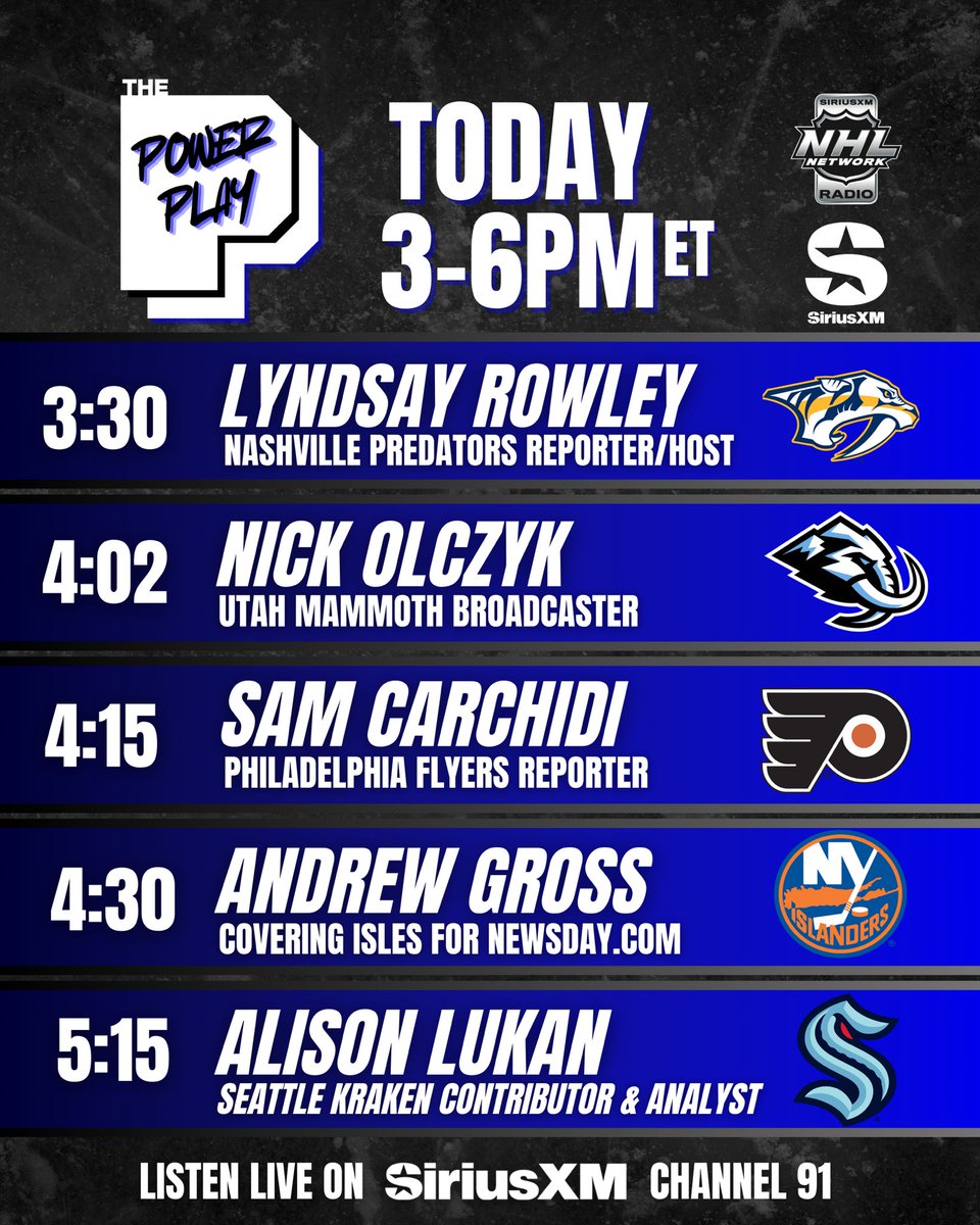 SiriusXM NHL Network Radio (@siriusxmnhl) on Twitter photo The Power Play LIVE today 3-6et/12-3pt with <a href="/RyanMPaton/">Ryan.M.Paton</a> + <a href="/CarterHutton4/">Carter Hutton</a> on <a href="/SiriusXMNHL/">SiriusXM NHL Network Radio</a> Channel 91
LISTEN: Siriusxm.ca/nhllive/ The Power Play LIVE today 3-6et/12-3pt with <a href="/RyanMPaton/">Ryan.M.Paton</a> + <a href="/CarterHutton4/">Carter Hutton</a> on <a href="/SiriusXMNHL/">SiriusXM NHL Network Radio</a> Channel 91
LISTEN: Siriusxm.ca/nhllive/
