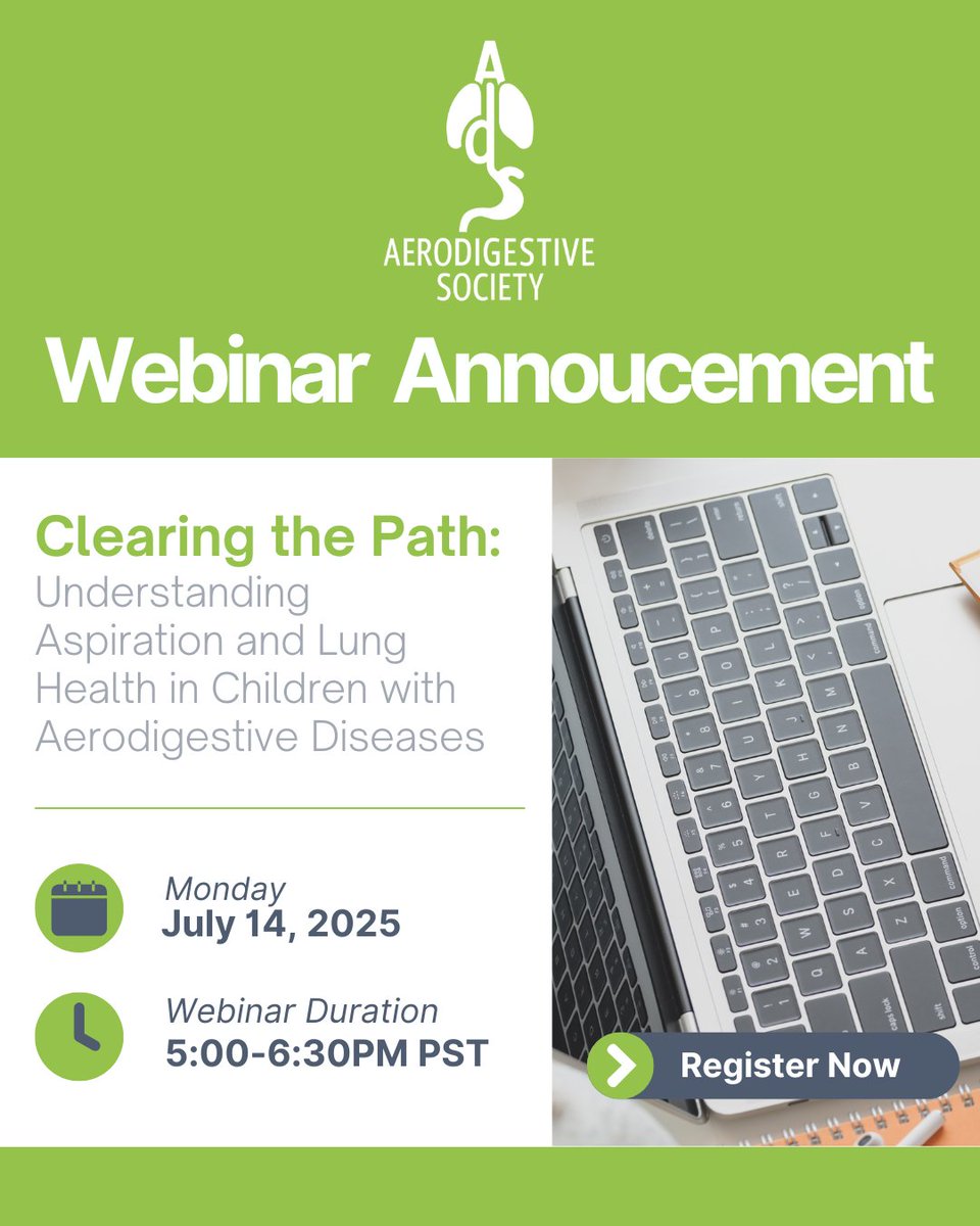 📢 Join us July 14 for “Clearing the Path” – a webinar on aspiration &amp; lung health in children with aerodigestive diseases.
Hear from experts across pulmonology, ENT, GI, and SLP.
🕔 5:00–6:30 PM PST
🔗 Register: ow.ly/jqHS50Wh2KI

#PediatricHealth  #AerodigestiveCare