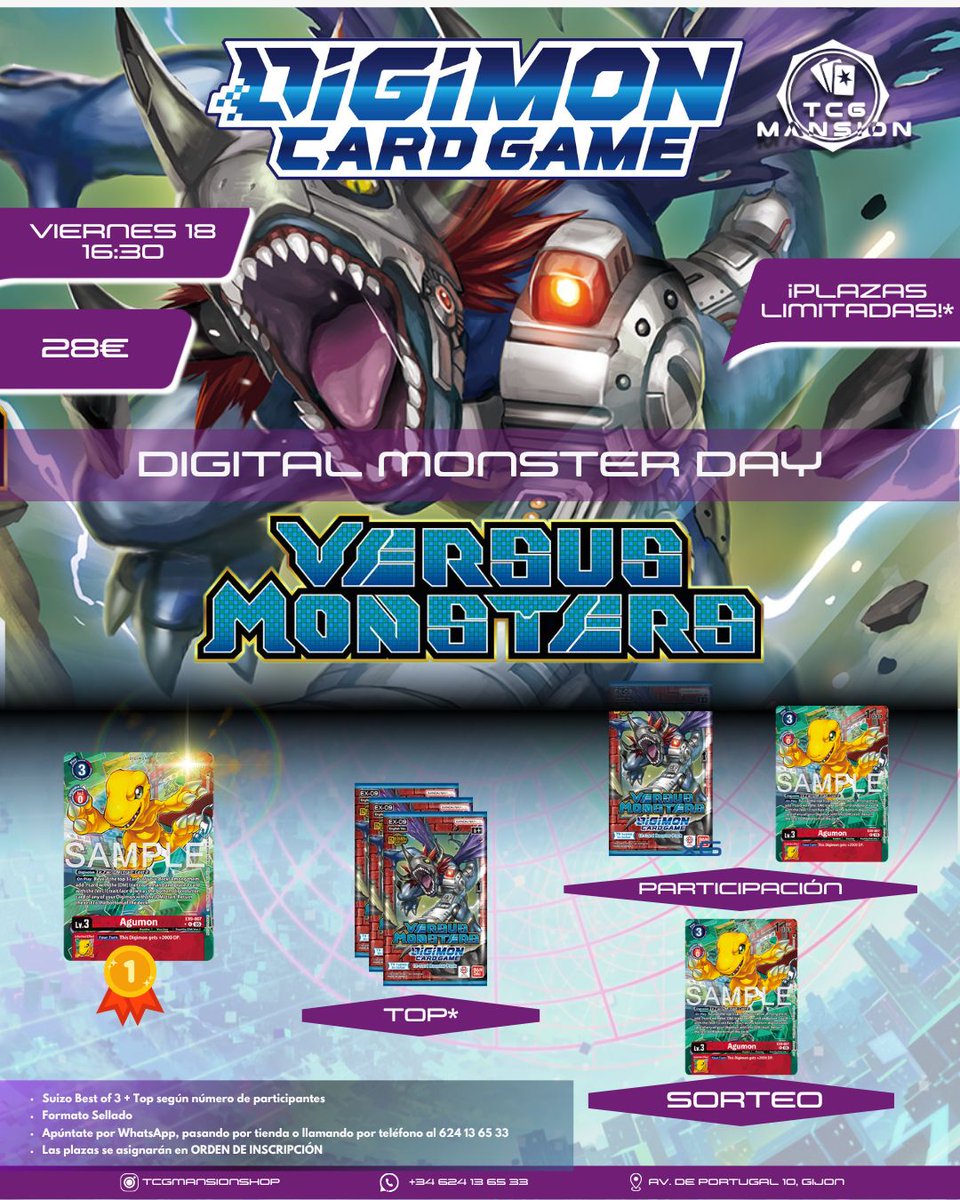 tcgmansionshop's tweet photo. ¡Digimon Card Game a tope! 🚀
Este viernes 28/06 a las 18:30h, DIGITAL MONSTER DAY: VERSUS MONSTERS en TCG Mansion. 28€.
¡Formato Sellado, plazas limitadas y sorteo de material!
Apúntate ya. #DigimonTCG #EX09 #TCGMansion https://t.co/V3uLh2Dpgn