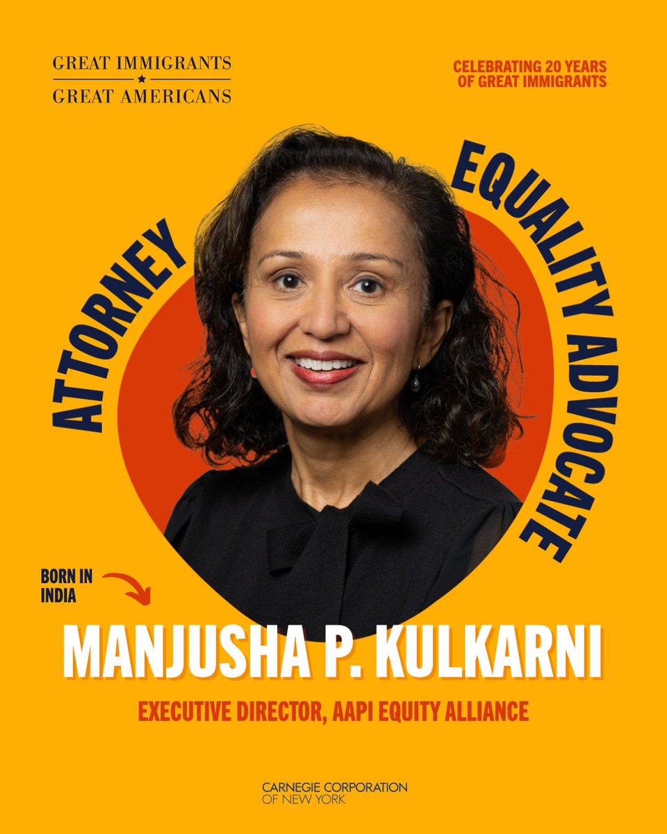 StopAAPIHate's tweet image. From storytellers to community leaders, immigrants enrich our democracy in many ways. Congratulations to our cofounder @KulkarniManju (@AAPIEquity) for being named one of @CarnegieCorp of New York&apos;s #GreatImmigrants of 2025 for her fierce advocacy for AAPI communities. 👏🏻👏🏽👏🏿