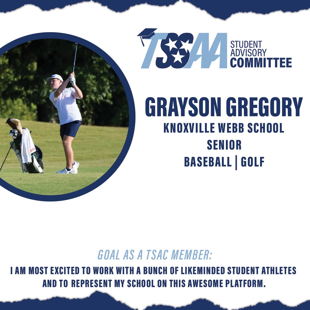 TSSAA's tweet image. 📚TSAC Member Spotlight📚
Meet Grayson Gregory! A Knoxville Webb School student-athlete serving on this year's Student Advisory Committee!