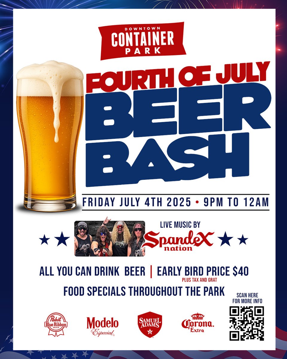 Get ready to light up the night at Container Park’s Fourth of July Beer Bash! Join us 7/4 from 9PM to 12AM for an unforgettable evening featuring live music by Spandex Nation, food specials and yes—all you can drink beer! 🍻

Grab early bird tickets with our link in bio! 🙌