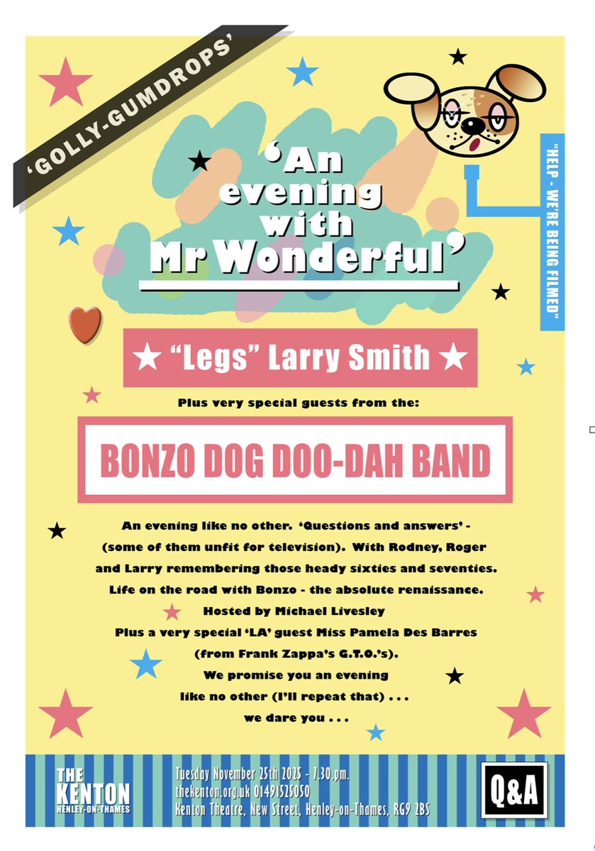 “Legs” Larry Smith is presemnting an evening at The Kenton in Henley-on-Thames on Tuesday 25 November, with guests Rodney Slater and Roger Ruskin Spear. Seats are selling fast so you will need to be quick if you want to ensure you can buy a ticket: thekenton.org.uk/events/an-even…