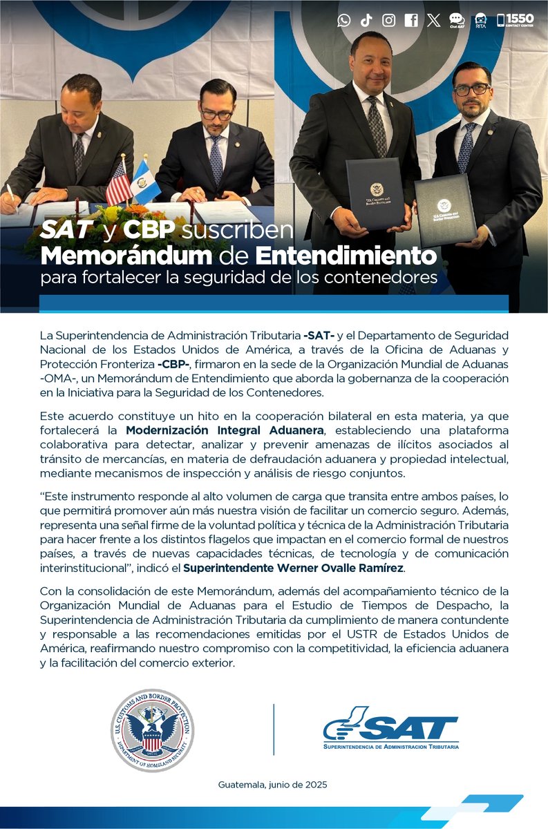 📰 La #SAT y <a href="/CBP/">CBP</a> suscriben ✍️ Memorándum de Entendimiento para fortalecer la 🦺 Seguridad de los Contenedores 🇬🇹🤝🇺🇸
