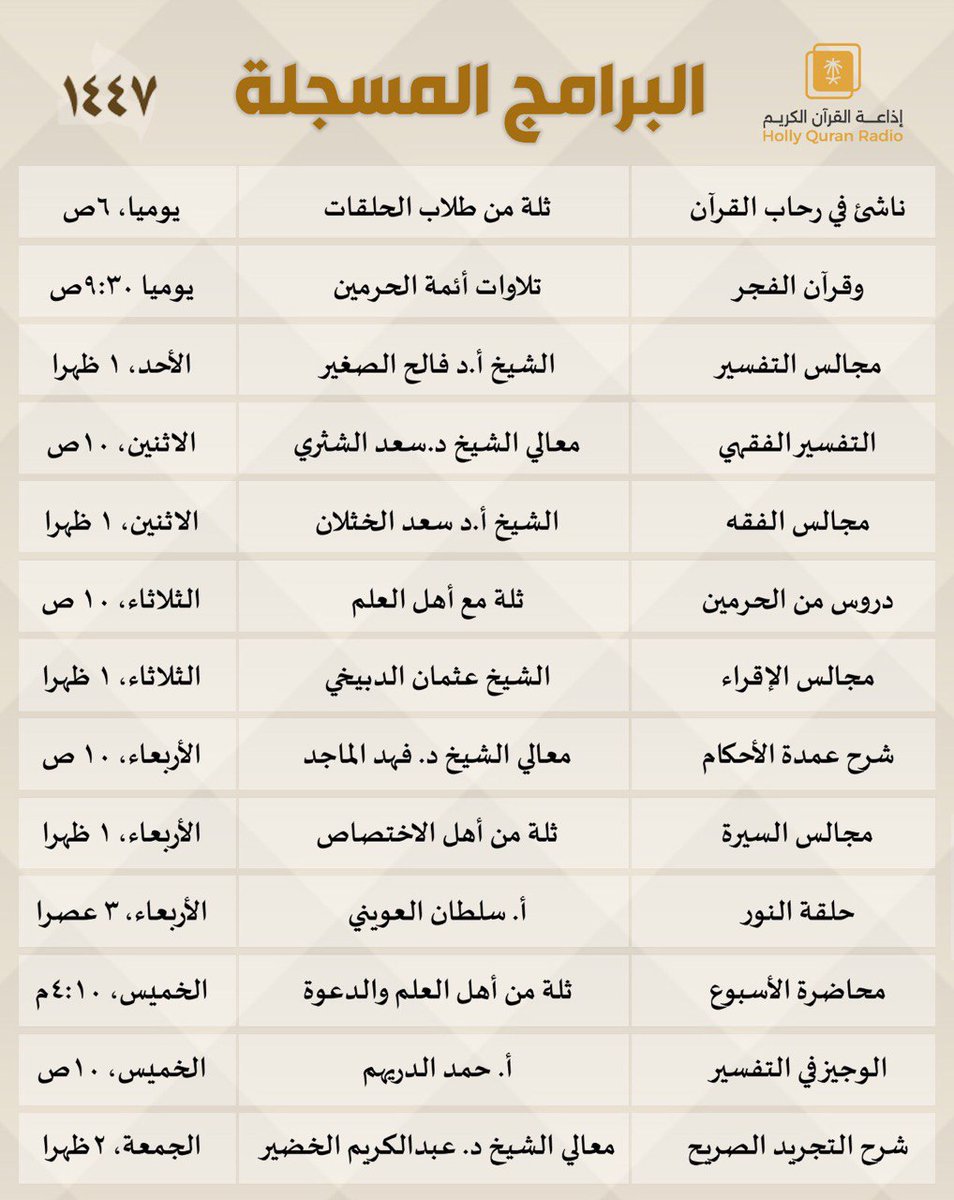 QuranRadio_ksa's tweet photo. مع بداية العام الهجري الجديد ، نسعد بتقديم باقة منوعة من البرامج المباشرة والمسجلة التي كانت نتاج اقتراحاتكم ، بالإضافة إلى استمرار عدد من البرامج والتلاوات الجديدة
نسأل الله أن ينفع بها 
#اذاعه_القران_الكريم
#العام_الهجري_الجديد_١٤٤٧ https://t.co/eGaqFiCifZ