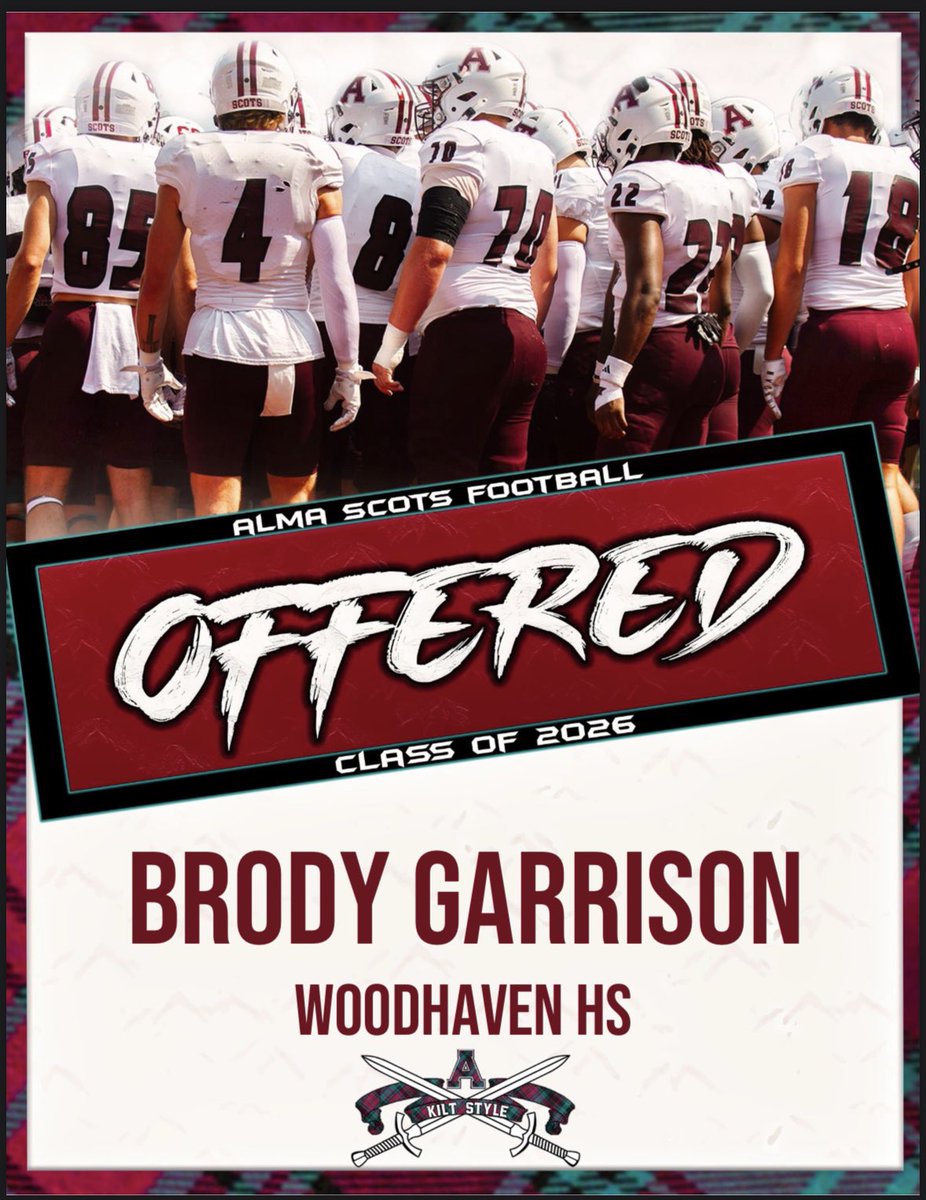 Brody Garrison (@brodygarrison10) on Twitter photo #AGTG I am so beyond blessed to receive my first offer from <a href="/AlmaScotsFB/">Alma College Football</a> ‼️ After a great call with <a href="/Ryan_Ettinger1/">Ryan Ettinger</a> I look forward to what the future has instore for me‼️Go Scots
<a href="/CoachSpooner_/">Teddy Spooner</a> <a href="/AlmaCoachCole/">Scotty Cole</a> <a href="/coachm16/">Coach Mifsud</a> #AGTG I am so beyond blessed to receive my first offer from <a href="/AlmaScotsFB/">Alma College Football</a> ‼️ After a great call with <a href="/Ryan_Ettinger1/">Ryan Ettinger</a> I look forward to what the future has instore for me‼️Go Scots
<a href="/CoachSpooner_/">Teddy Spooner</a> <a href="/AlmaCoachCole/">Scotty Cole</a> <a href="/coachm16/">Coach Mifsud</a>