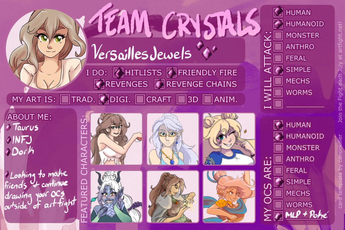 VerJewels's tweet photo. I’m too excited for ArtFight, I just keep redoing my profile! Send me your OCs so I can obsess over them!
#Artfightteamcrystals #artfight https://t.co/bpxH57168R