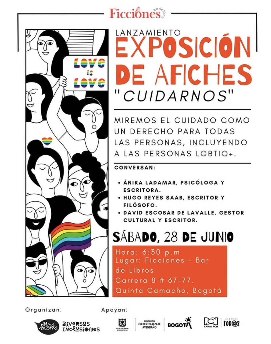mirá mamá (@blog_miramama) on Twitter photo Más actividades en BOGOTÁ!
Sábado 28 > inauguramos nuestra Expo de AFICHES en la librería FICCIONES + charla sobre el CUIDADO como Derecho para todas las personas.
Con: Ánika Ladamar, psic. y escritora, Hugo Reyes Saab, escritor y <a href="/davidescobardl/">David Escobar De Lavalle</a>, gestor cultural y escritor. Más actividades en BOGOTÁ!
Sábado 28 > inauguramos nuestra Expo de AFICHES en la librería FICCIONES + charla sobre el CUIDADO como Derecho para todas las personas.
Con: Ánika Ladamar, psic. y escritora, Hugo Reyes Saab, escritor y <a href="/davidescobardl/">David Escobar De Lavalle</a>, gestor cultural y escritor.