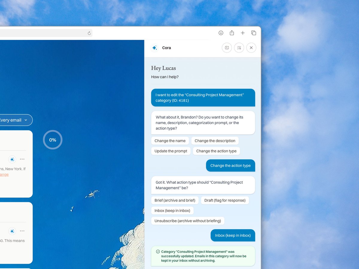 CoraComputer's tweet image. &quot;Don&apos;t brief cold emails from job candidates. I&apos;m hiring right now and need to see those immediately.&quot;

One message to Cora. Behavior changed forever.
This is what an AI assistant that actually learns looks like.

Try it free for 7 days → cora.computer