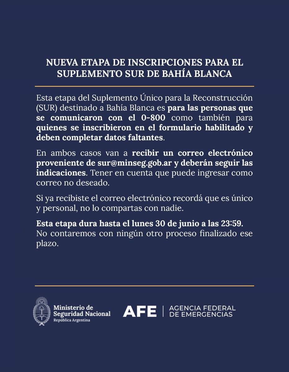 AFE_Arg's tweet photo. NUEVA ETAPA DE INSCRIPCIONES PARA EL SUPLEMENTO SUR DE BAHÍA BLANCA. https://t.co/izxk73QUTK