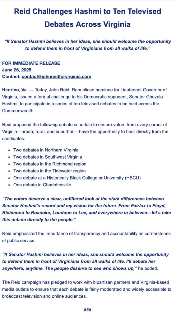 LVozzella's tweet image. In Virginia LG race, Republican JohnReid4VA, a former talk-radio host, challenges @SenatorHashmi to a whopping 10 debates.