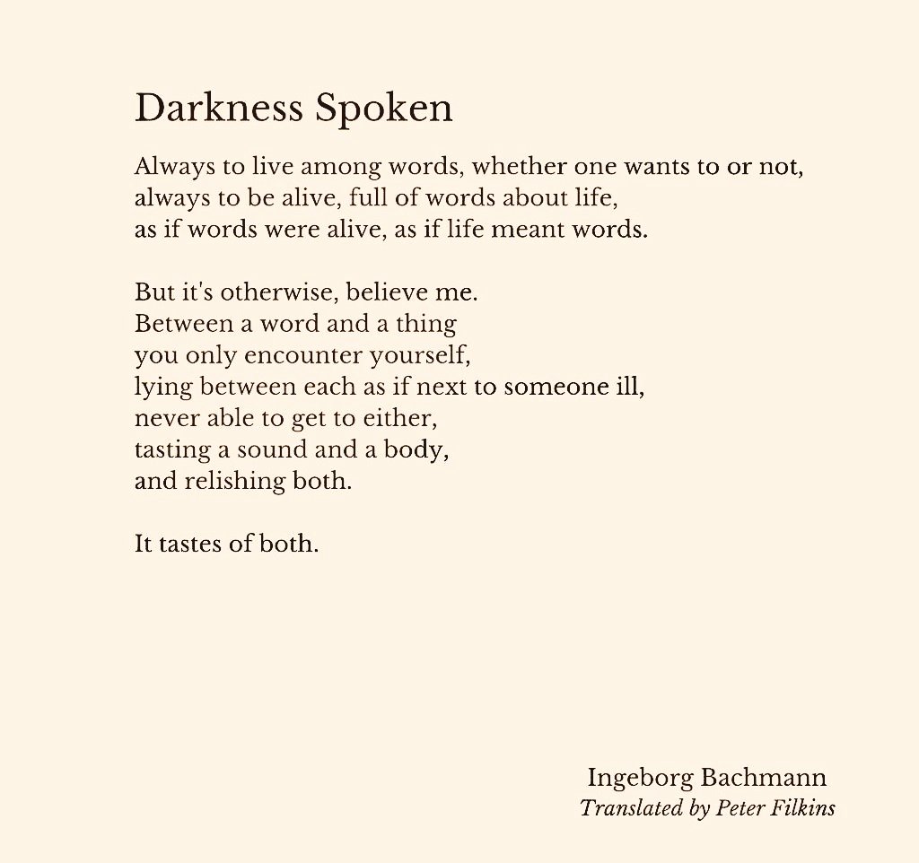 "Between a word and a thing 
you only encounter yourself"

Darkness Spoken by Ingeborg Bachmann (tr. Peter Filkins)
