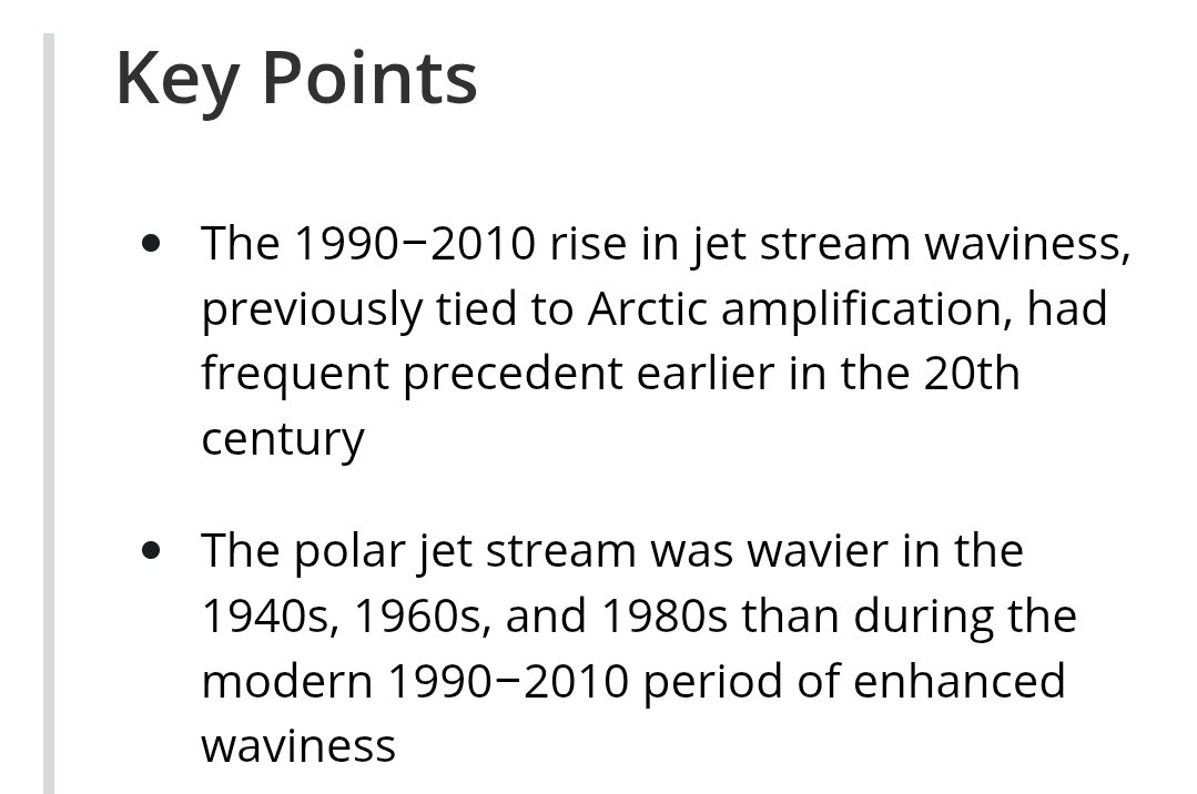 Climate scientists studying a "Warming Hole" have made a groundbreaking discovery discrediting a theory long promoted by activists. 

Turns out recent jet stream waviness is well within bounds of long-term variability and less than during 1940s, 1960s, 1980s.