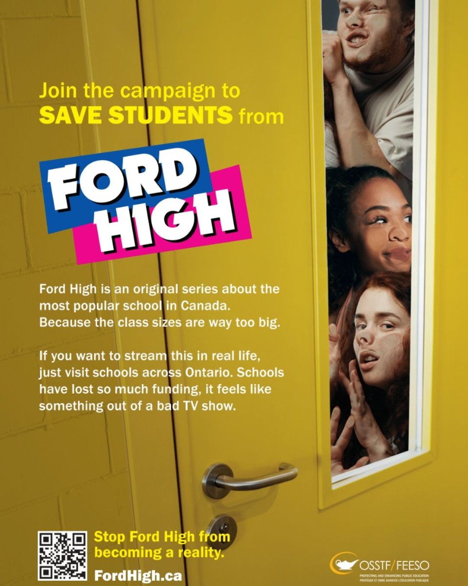 CanLabourMedia's tweet image. This Ford High ad by @osstf won the 2025 Best Print Advertisement Award!

Our judges were a fan of the poster design, humour and use of the QR code.