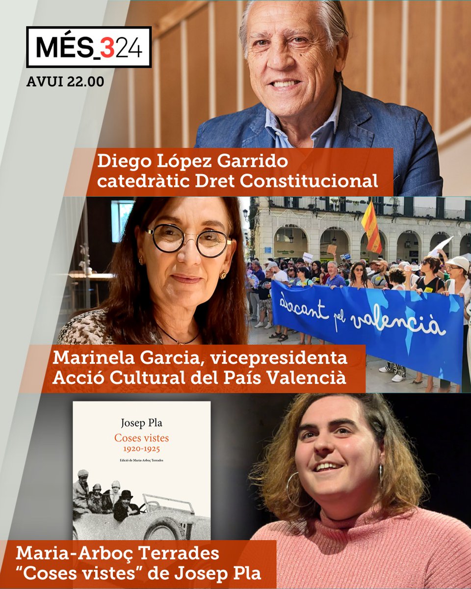 3Cat (@som3cat) on Twitter photo El Constitucional avala la llei d'amnistia: i ara què?
Al #Més324 entrevistem el catedràtic de Dret Constitucional, Diego López Garrido (<a href="/DiegoLGarrido/">Diego López Garrido</a>).
Alacant, al País Valencià, ha votat avui passar a ser castellanoparlant. En parlem amb la vicepresidenta d'Acció Cultural al El Constitucional avala la llei d'amnistia: i ara què?
Al #Més324 entrevistem el catedràtic de Dret Constitucional, Diego López Garrido (<a href="/DiegoLGarrido/">Diego López Garrido</a>).
Alacant, al País Valencià, ha votat avui passar a ser castellanoparlant. En parlem amb la vicepresidenta d'Acció Cultural al