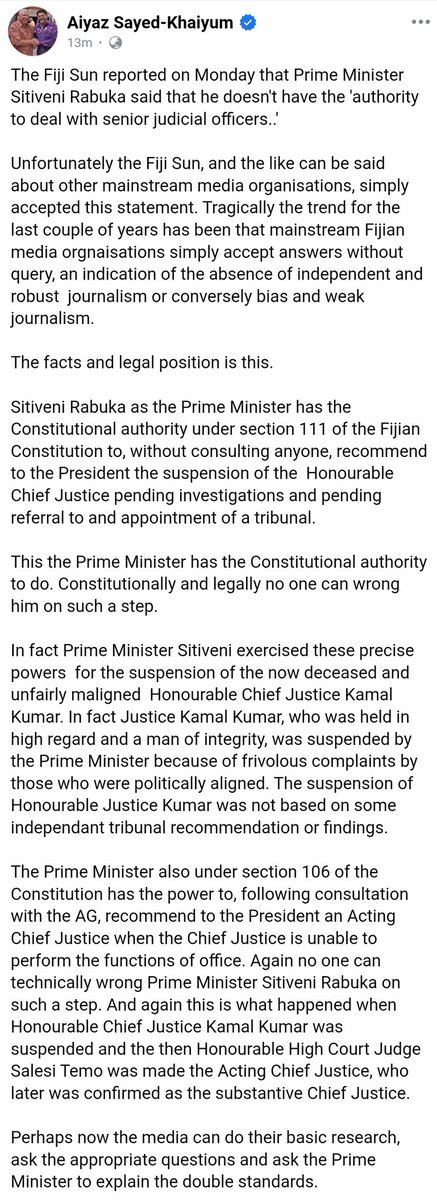 Indo Fijian VS iTaukei

CJ Kamal Kumar was Indo Fijian, was easily suspended by Rabuka. But CJ Salesi Temo is iTaukei so now all of a sudden Rabuka doesn't have powers.
