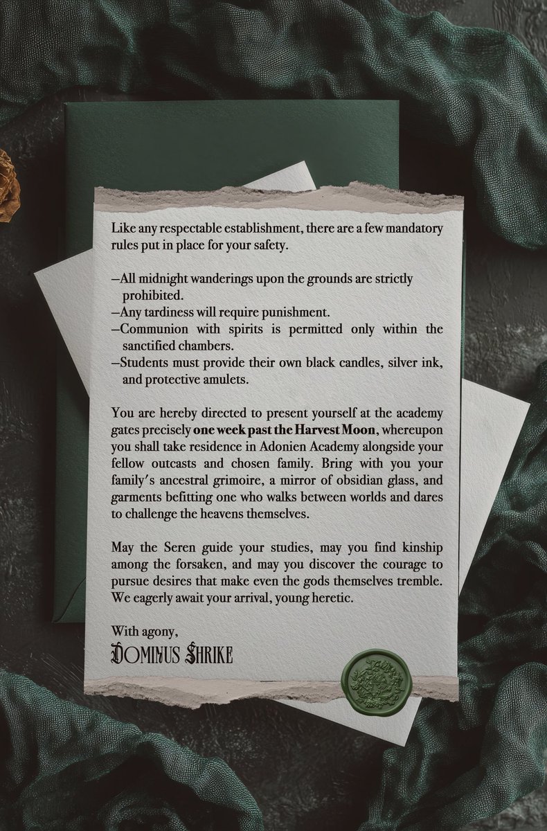 🗡️Welcome to Adonien.🗡️

It is my sincerity honor to announce that SHRIKE will be released on October 13, 2025.
 
🖋️Swipe for a message from your headmaster.
📖Cover reveal coming soon!